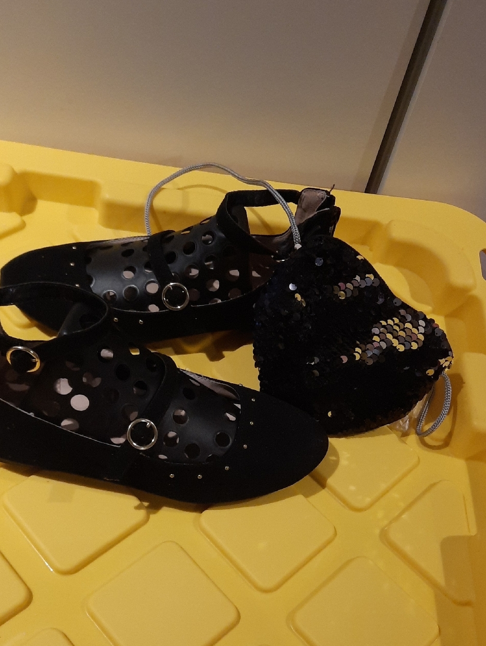 Girls Childrens Place Black Ankle Strap Flats with Gold Accents & Sequin Purse